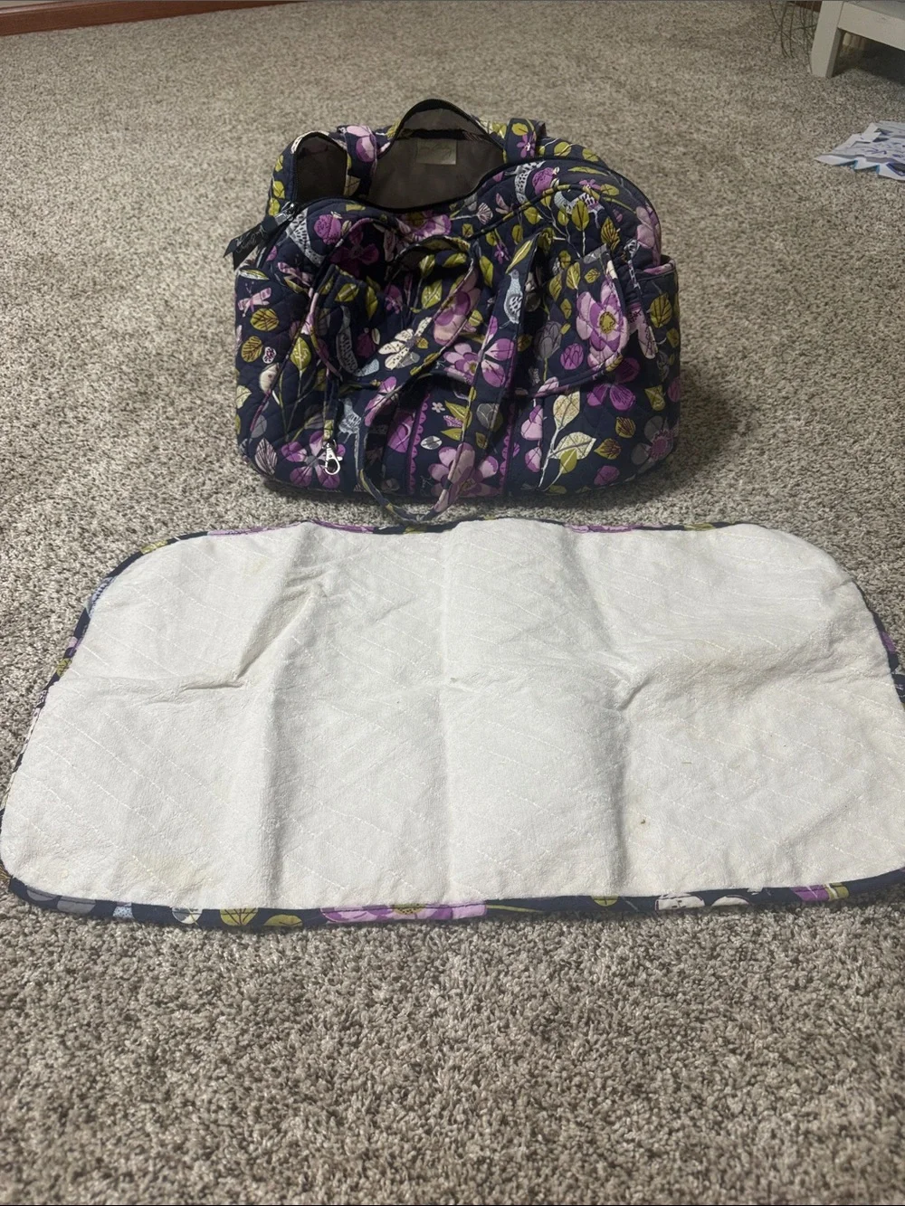 Quilted Floral Diaper Bag Tote in Purple and Navy